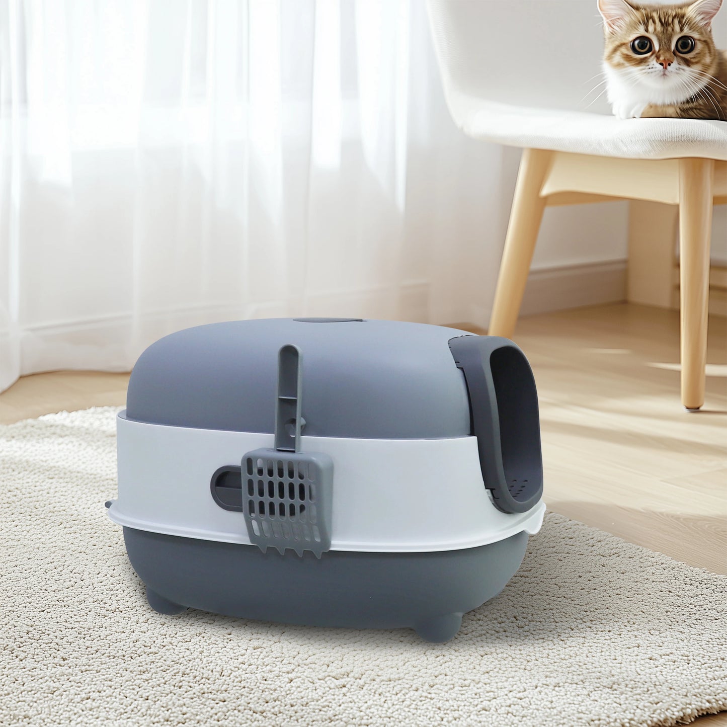Bingopaw Large Cat Litter Box with Cat Litter Scoop with Lid, Oval Oblong Hooded Front Entry and Exit Leak-Proof Litter Cat Box