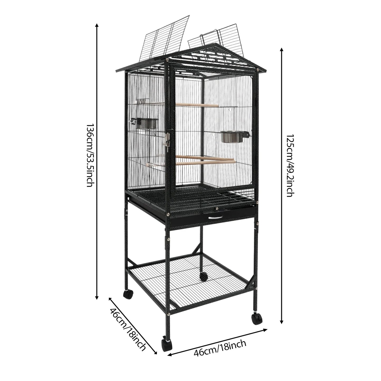 Large Black Bird Cage with Wheels, 4 Braked Wheels (2) Acid-Washed Iron 46×46×136cm Open Top for Parrots