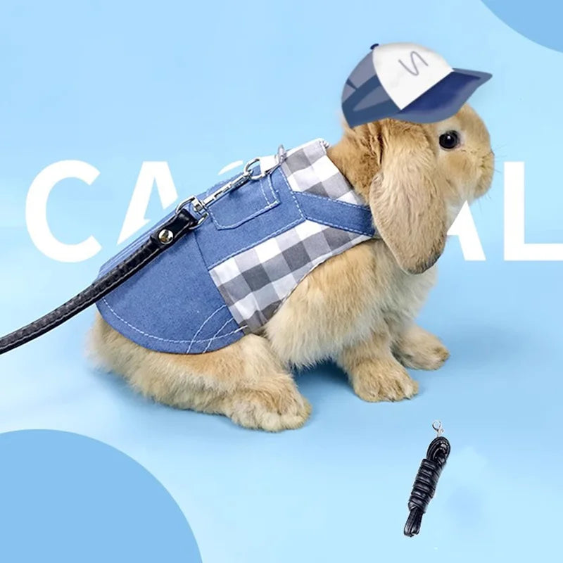 Stylish Denim Pet Harness & Leash Set - Rabbit Bunny Guinea Pig Walking Costume for Small Animals Safety Accessory
