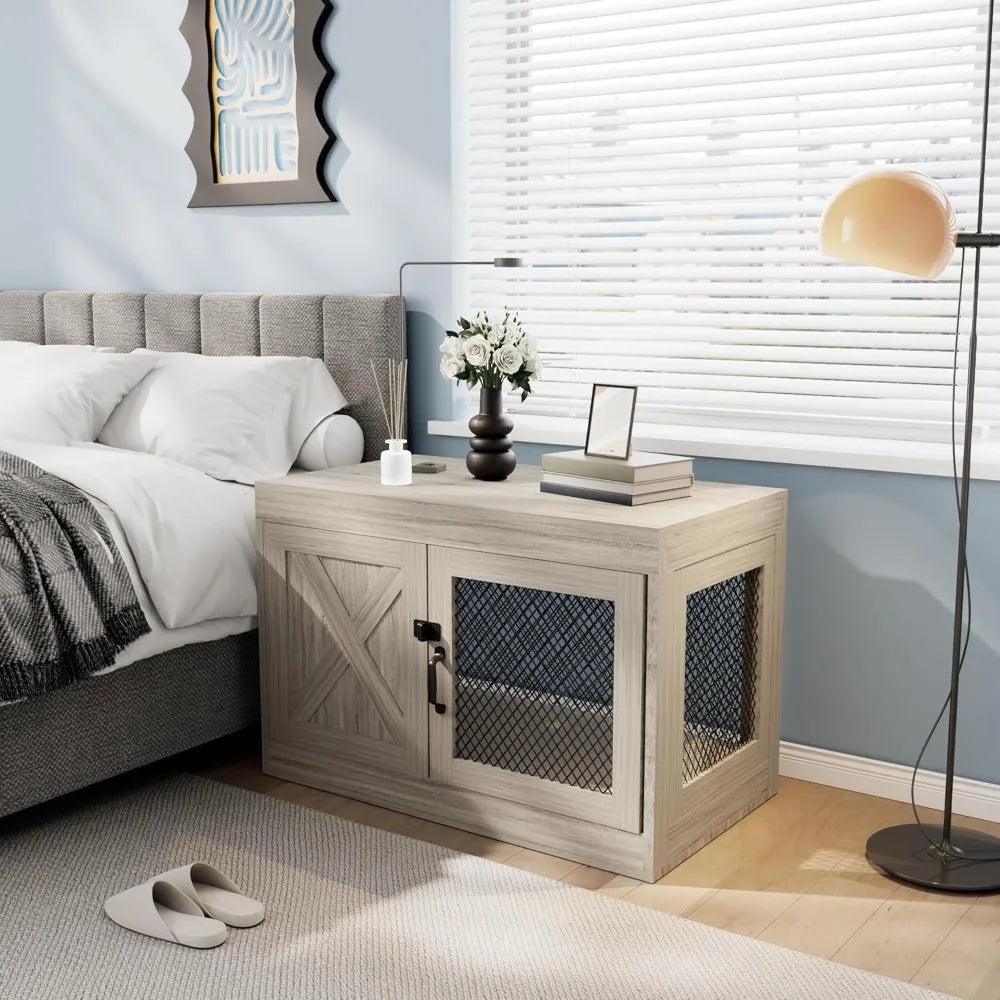 Corner Dog Crate Furniture with Double Doors, 36 Inch Wooden Dog Kennel End Table Indoor with Mesh, Cage/House for Small Medium