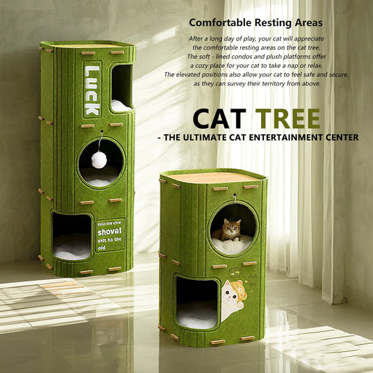 Three-Story Felt Cat Tree, With Scratching Boards And Comfortable Caves - Multi-Story Cat Apartment Tower