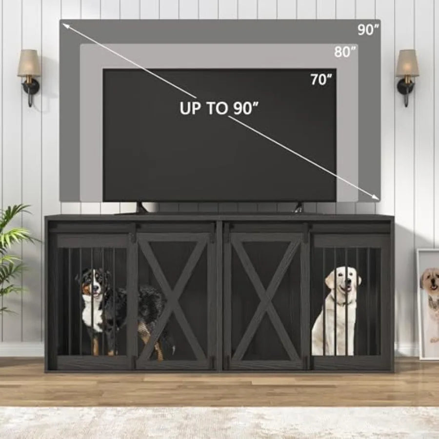 78.7 XXL Dog Crate Furniture for 2 Large Dogs Heavy Duty Double Dog Cage Large Breed 35.4 Tall Thick Wooden Dog Kennel TV Stand
