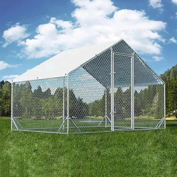 Large Metal Chicken Coop with Run Walk-in Poultry Cage Chicken Runs House Pen Cage Spire Roofed Chicken Coops with Anti-Ultravi