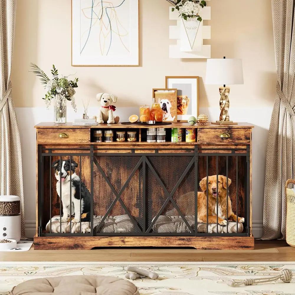 Large 63 Wooden Dog Crate Furniture - Heavy Duty Indoor Kennel with Removable Divider, 2 Doors, Rustic Style, Open Shelves & TV