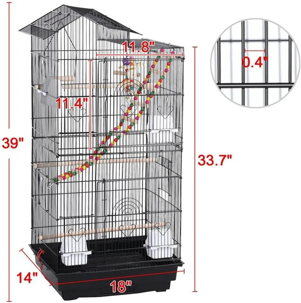 39-inch Large Flight Parrot Bird Cage for Small Quaker Cockatiel Sun Parakeet Conure Budgie Finch Lovebird Canary with Toys