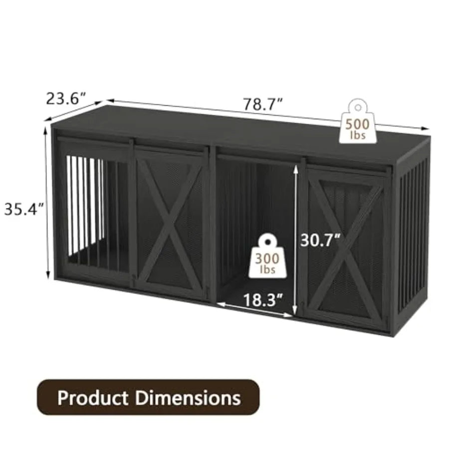 78.7 XXL Dog Crate Furniture for 2 Large Dogs Heavy Duty Double Dog Cage Large Breed 35.4 Tall Thick Wooden Dog Kennel TV Stand