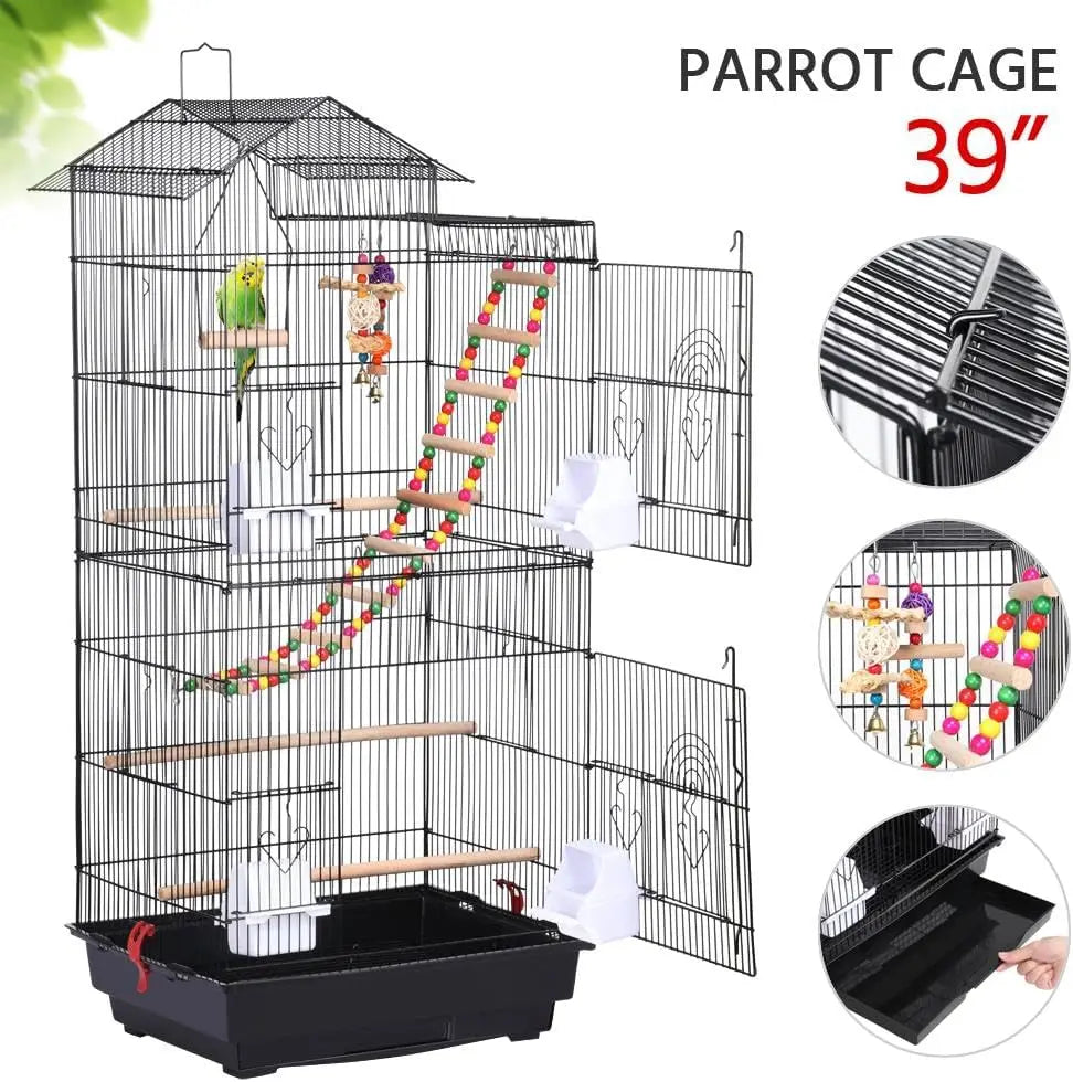 39-inch Large Flight Parrot Bird Cage for Small Quaker Cockatiel Sun Parakeet Conure Budgie Finch Lovebird Canary with Toys