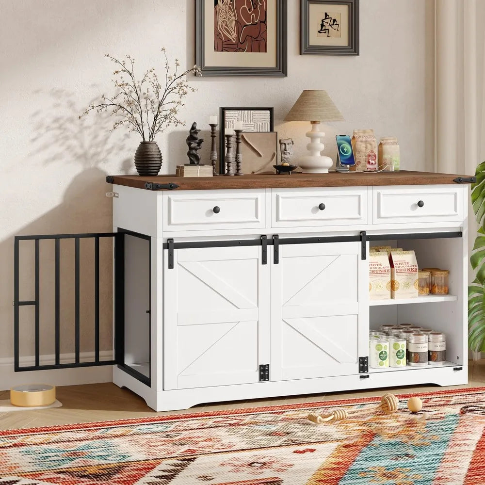 55.1" Furniture Style Dog Crate Furniture, Indoor Dog Kennel with 3 Storage Drawers, Farmhouse Dog Crate with Side Door and Slid