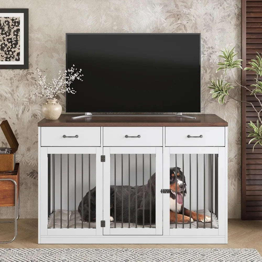 Extra Large Dog Crate Furniture, Indoor Heavy Duty Dog Kennel House with 3 Drawers, Furniture Dog Crate Side End Table TV Stand