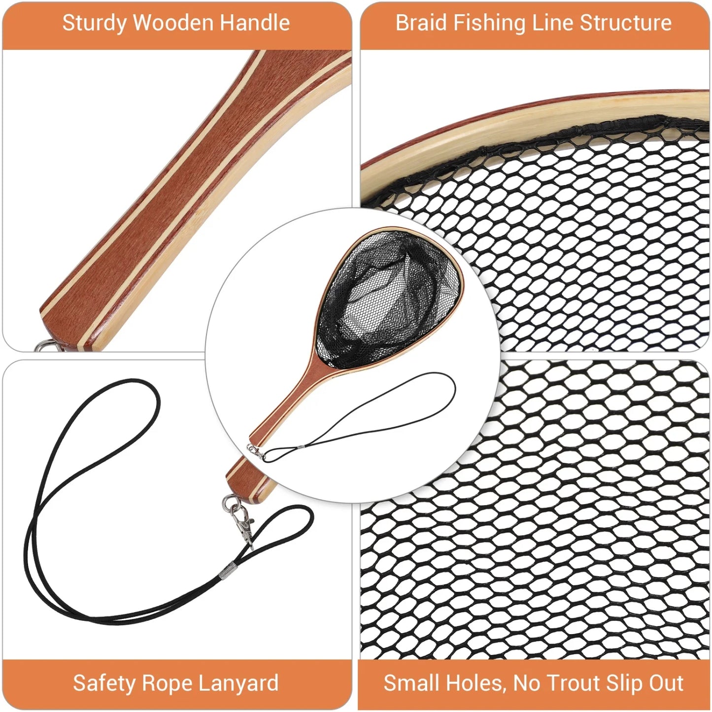 Fly Fishing Net, Trout Net, Wooden Frame Fly Fishing Landing Net for Catch and Release, Fly Fishing Gear for Stream Fishing