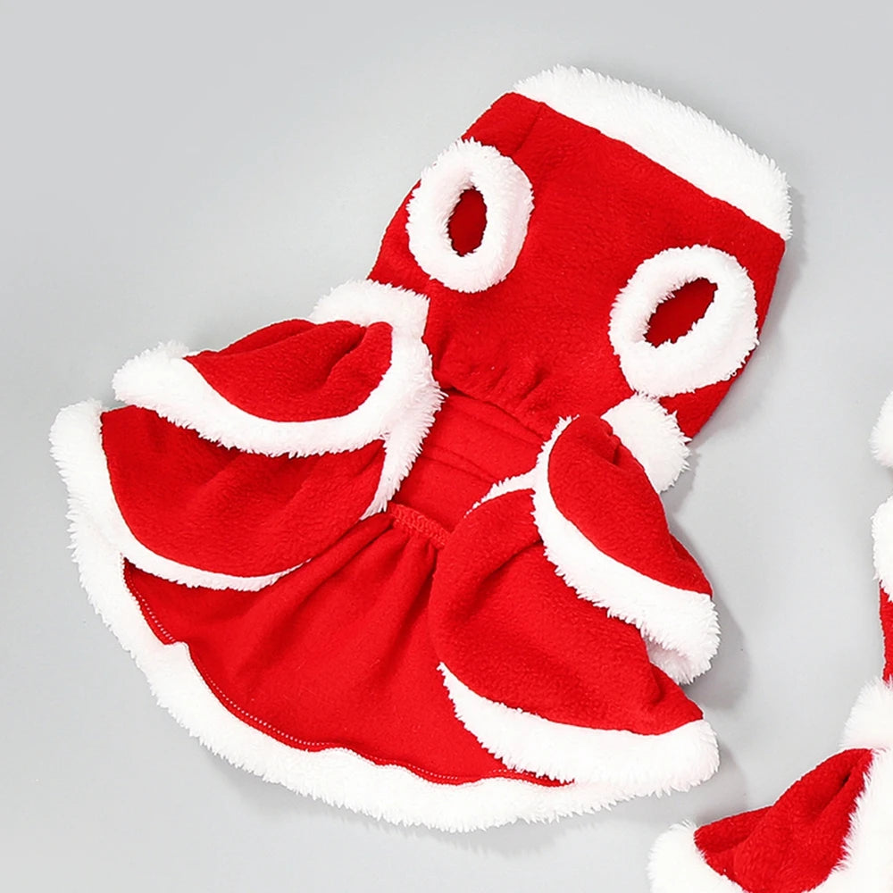 Christmas Dog Girls Costume Dress Puppy Warm Fleece Skirt Clothes Autumn Winter Pet Clothes Dog Red Skirt Fancy Dress Costume