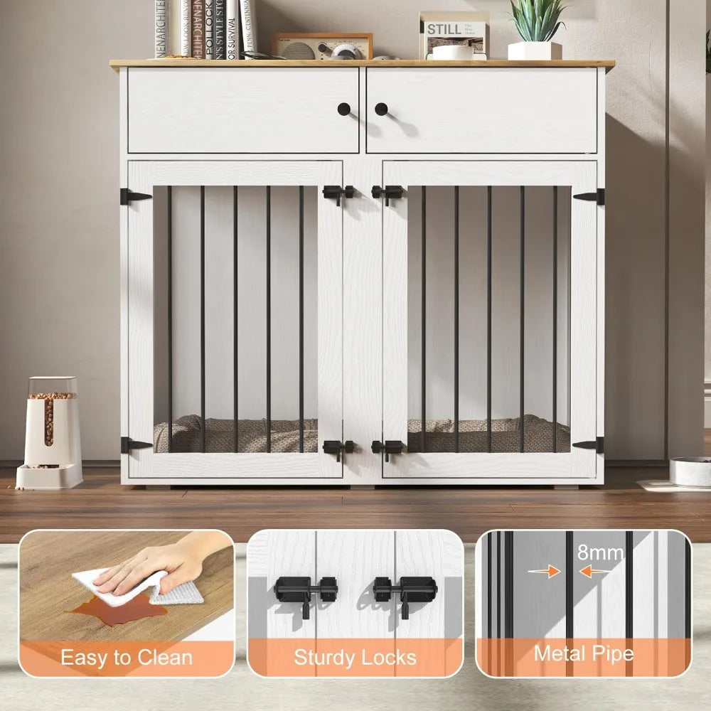 Large Dog Crate Furniture, 41 Inch Dog Kennel Indoor with Removable Divider & Double Doors, Wooden Dog Crates for 2 Dogs