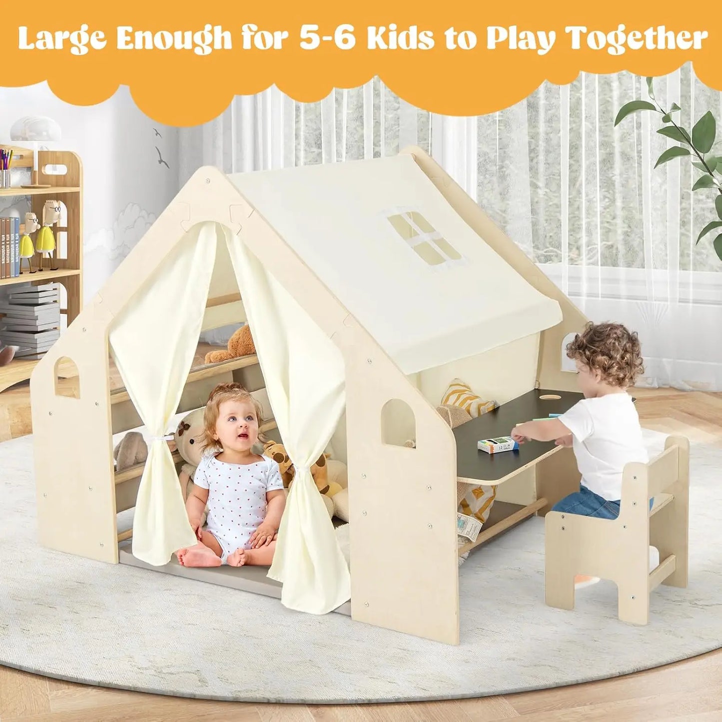 Large Kids Tent, 6-in-1 Wooden Frame Play House with Table and Chair Set, Blackboard, 6 Storage Bins & Soft Floor, Customized