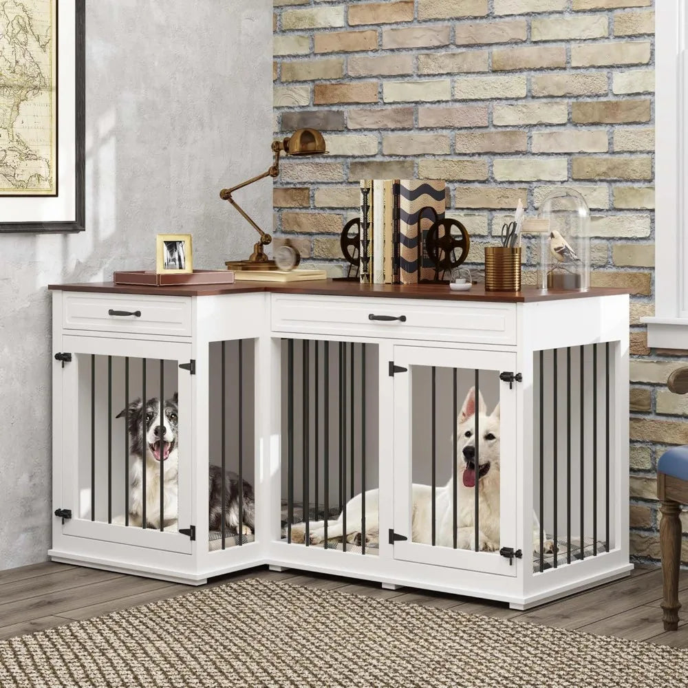 Large Corner Dog Crate Furniture, Wooden L Shaped Double Dog Crate Kennel Furniture with 2 Drawers and Divider, XXL Heavty Duty