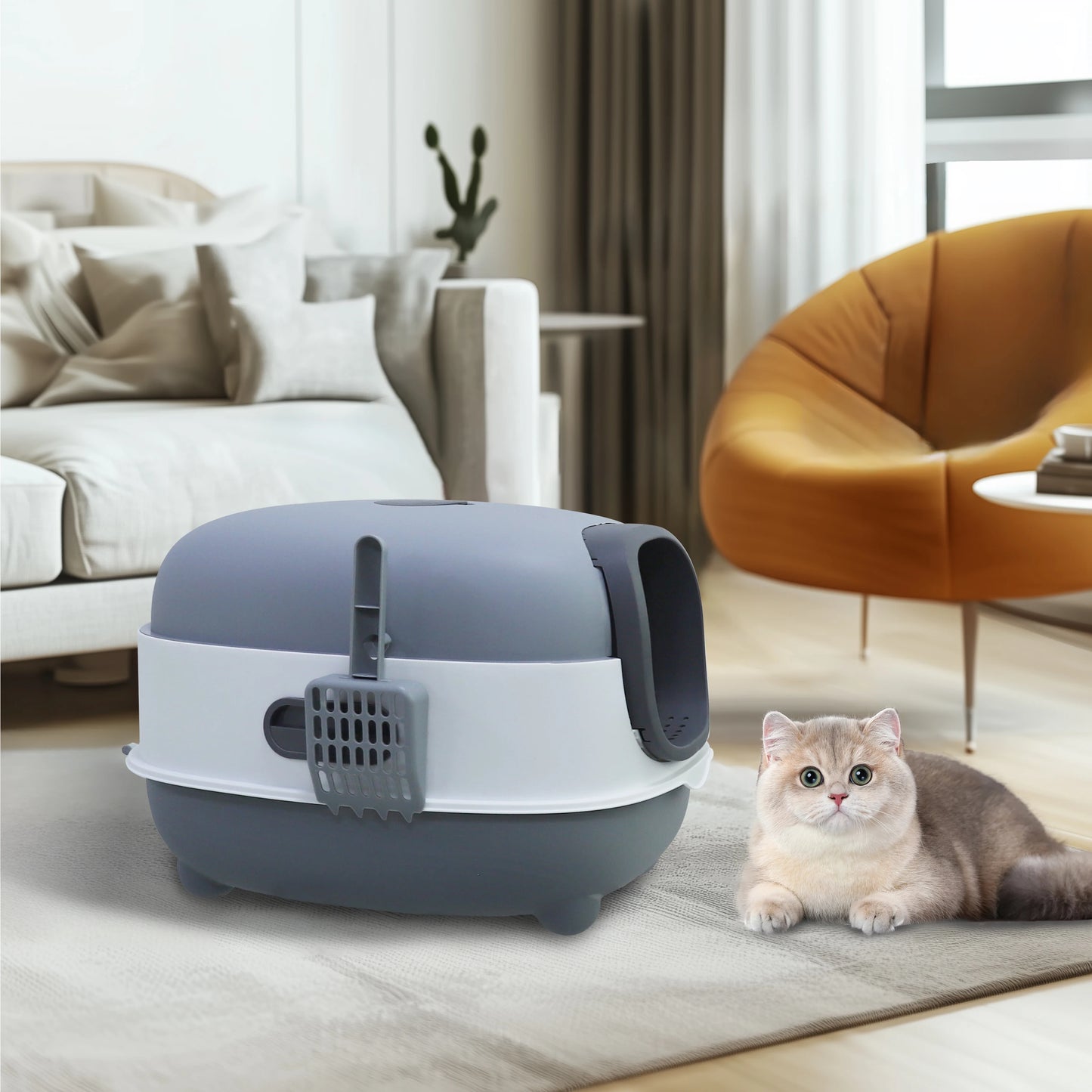 Bingopaw Large Cat Litter Box with Cat Litter Scoop with Lid, Oval Oblong Hooded Front Entry and Exit Leak-Proof Litter Cat Box