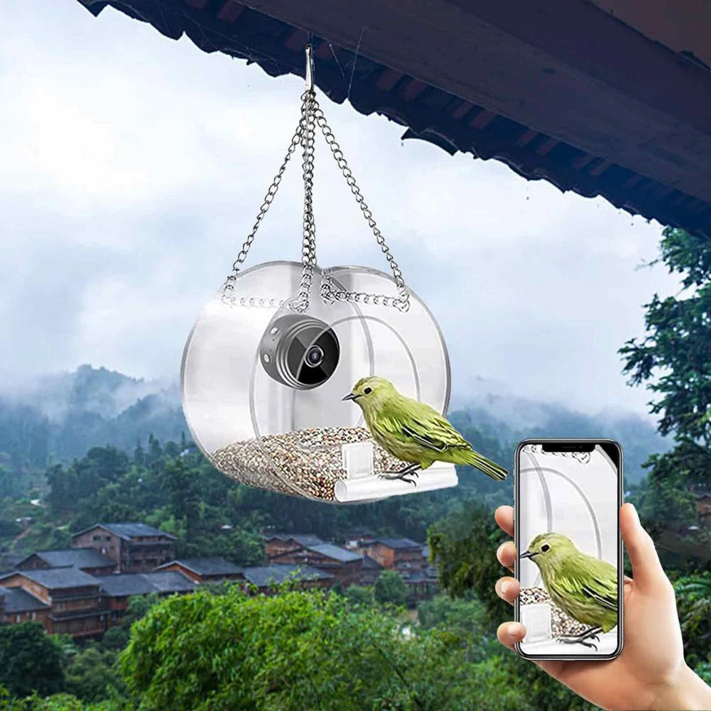 Smart Bird Feeder Acrylic with Camera Birds Hanging Feeder Transparent 1080P HD Easy Installation for Outdoor Garden