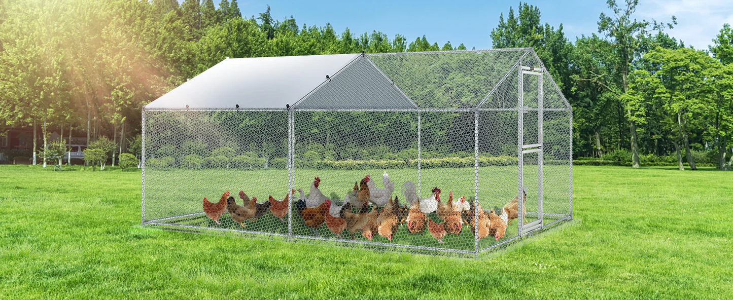 Large Metal Chicken Coop with Run, Walkin Poultry Cage for Yard with Waterproof Cover, 13.1 x 9.8 x 6.4 ft Dome Roof for Hen
