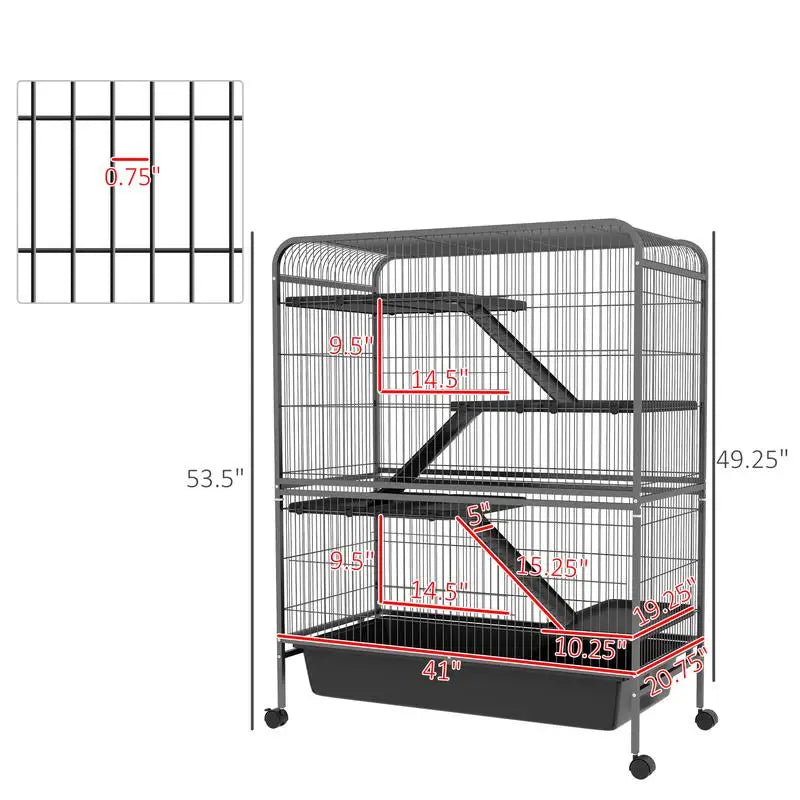 53.5" Small Animal Cage, 5-Level Metal Ferret or Bunny Habitat with Wheels, Removable Tray, 2 Front Doors, Ramps, Gray Color