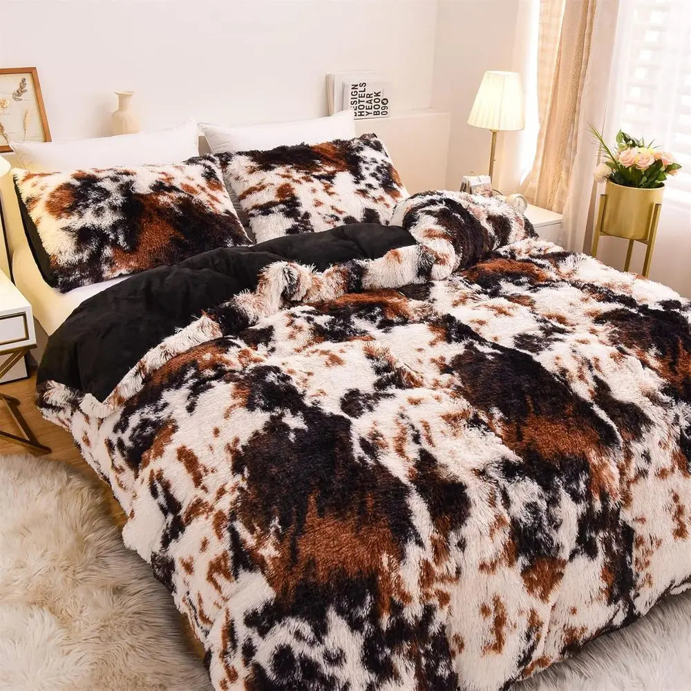 Cow Print Duvet Cover Shaggy Fluffy Tie Dye Brown Black Velvet Bedding Set Super Soft Faux Fur Fuzzy Comforter Cover with Pillow