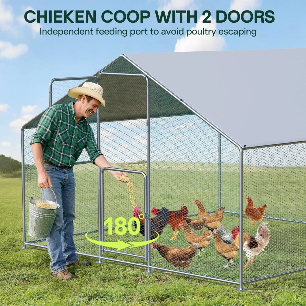 Large Metal Chicken Coop with Run, Walkin Poultry Cage for 30 Chickens with Full Coverage Roof, Waterproof & Anti-UV Cover