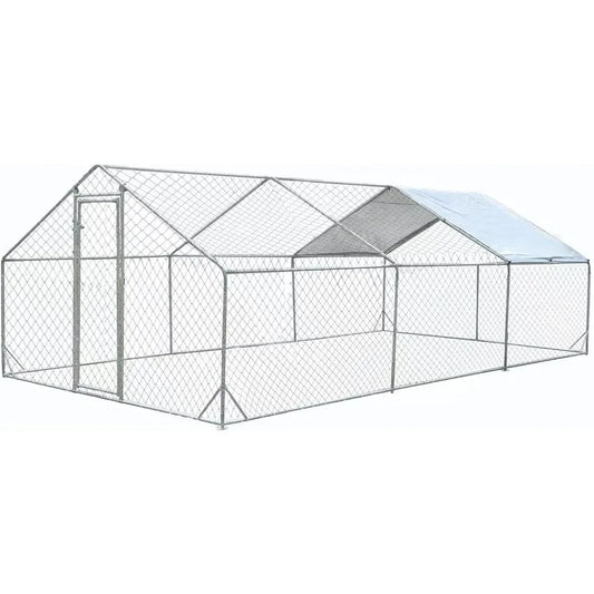 Large Metal Chicken Run Walk-in Poultry Cage Spire-Shaped Chicken Coop with Waterproof and Anti-Ultraviolet Cover for Outside,Ba