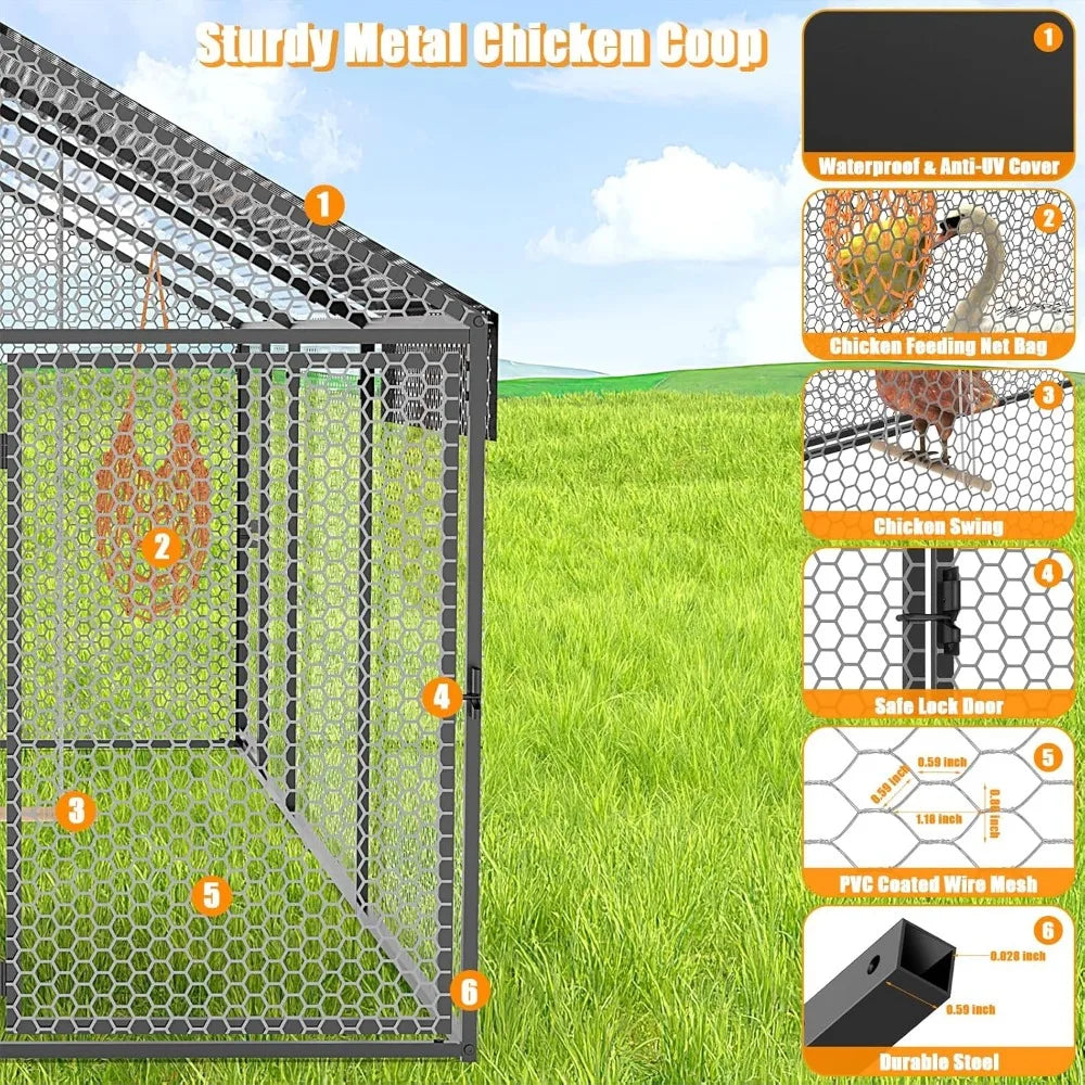Large Metal Chicken Coop 120"40"40" Heavy Duty Chicken Run Hen House with Waterproof Anti-UV Cover for Portable Poultry Cage Out