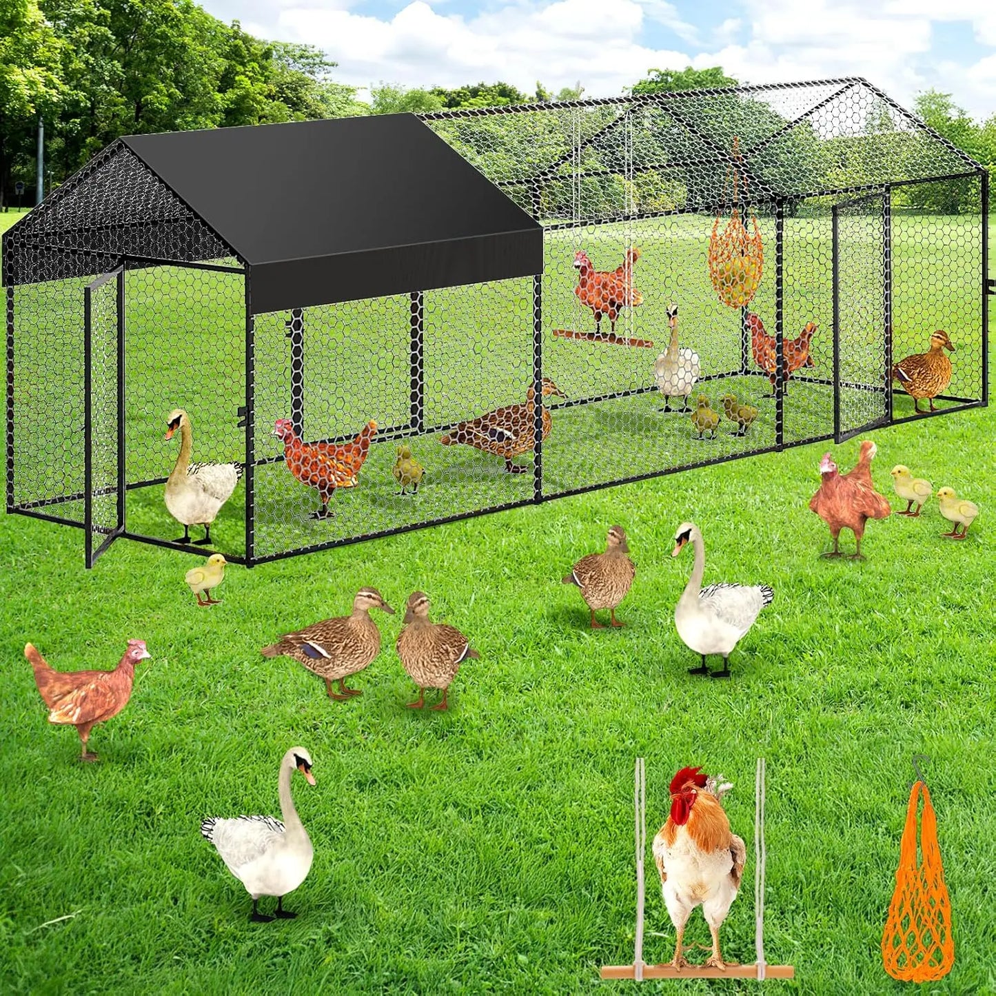 large metal chicken coop chicken run with cover for 10-12 chickens 120"×40"×40" portable poultry cage hen house outdoor backyard