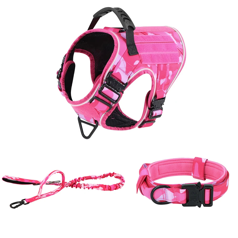 Pink Reflective Dog Harness with 4 Metal Buckles Military Tactical Pet Training, Camouflage Leash Collar for Large Dogs