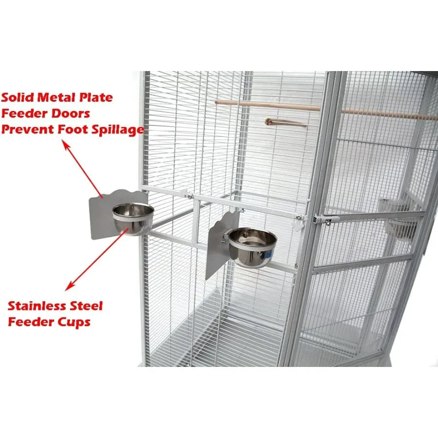 64 Extra Large Corner Bird Flight Breeding Wrought Iron Rolling Parrot Cage with Side Solid Metal Plate Feed Doors Pull Out Rem