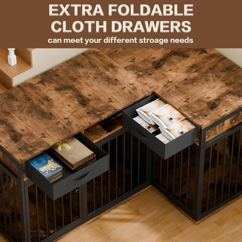 Corner Dog Crate Furniture,85.4" Metal Frame L Shaped Furniture-Style Double Dog Kennel for 2 Dogs with Divider and 2 Fabric Dra