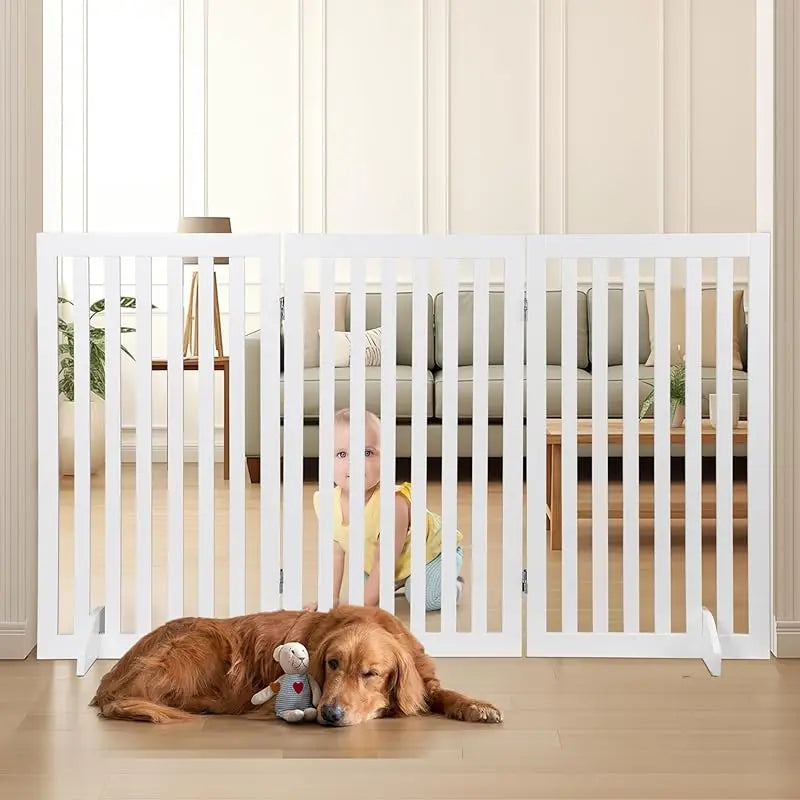 White Wooden 24 Inch Dog Gate 4 Panel Freestanding Fence