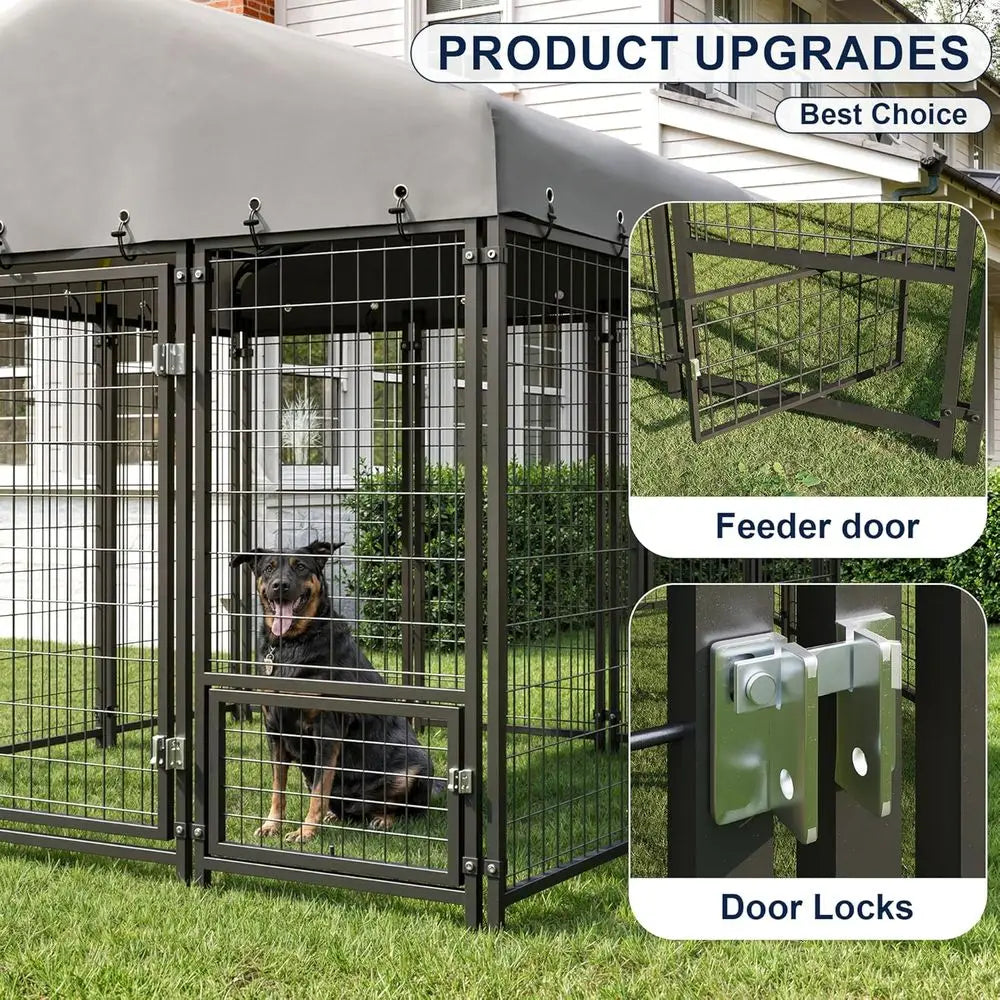 10x10FT Dog Kennel Outside Double Door Outdoor with Feeding, Heavy Duty Dog Crate Durable Cage with Roof & Double Lock