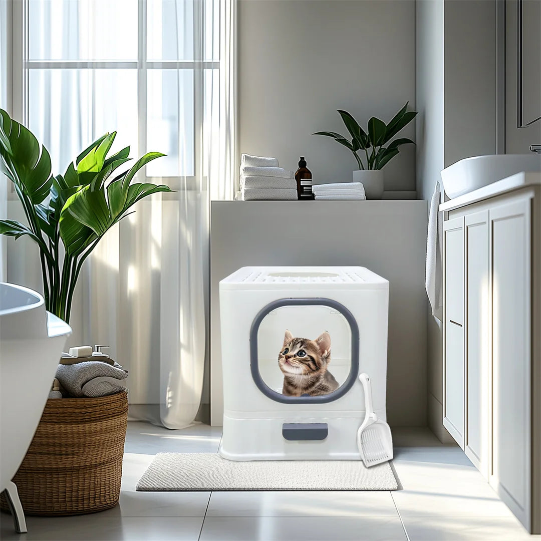 BingoPaw Cat Litter Tray Box: Foldable Top Entry Extra Large Cats Toilet with Lid Kitten Litter Tray Easy Cleaning Drawer Design