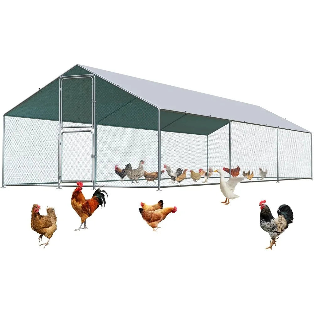Large Metal Chicken Coop with Run, Walkin Poultry Cage for 30 Chickens with Full Coverage Roof, Waterproof & Anti-UV Cover