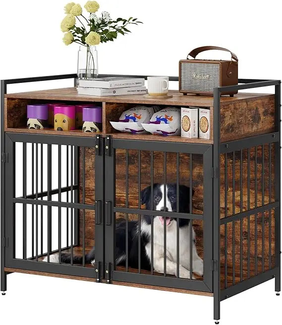 Furniture Style Dog Crate with Storage, 41 inch Dog Crate Furniture Large Breed with Double Doors, Wooden Dog Cage for Large/Me