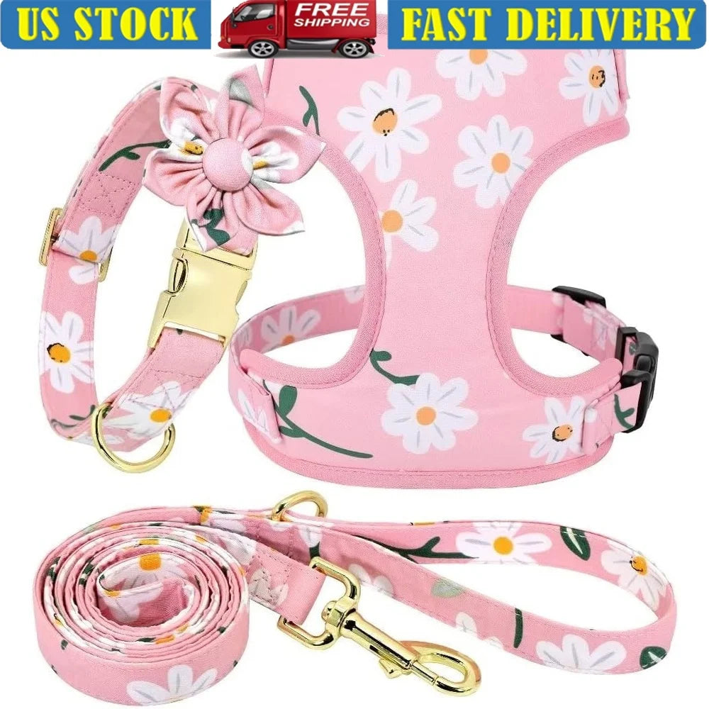 Cute Floral Dog Harness Leash Set Adjustable Collar Soft Mesh Comfort Medium Dogs Outdoor Walking Training
