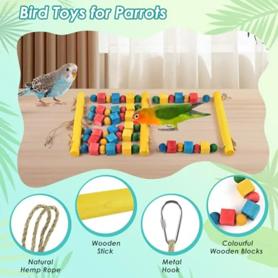 Bird Swing Parrot Chew Toy with Wooden Perches Stand Hanging Colorful Wood Block Bird Cage Accessories for Budgerigar Canaries