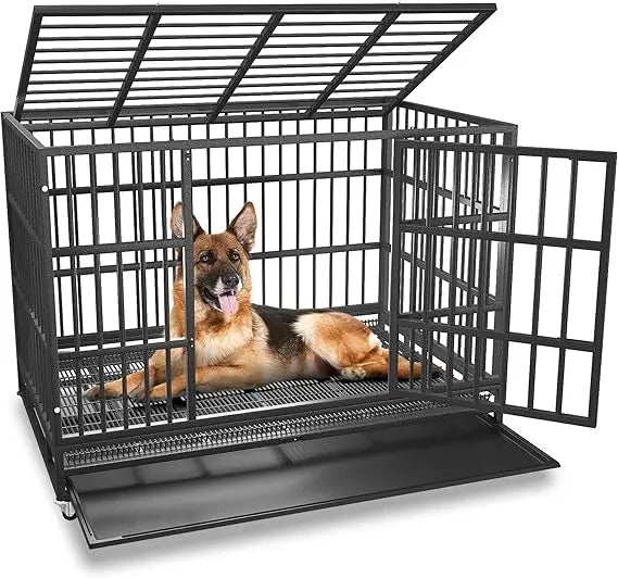 48/42/38 inch Heavy Duty Indestructible and Escape-Proof Dog Crate Cage Kennel for Large Dogs, High Anxiety Dog Crate with Remov