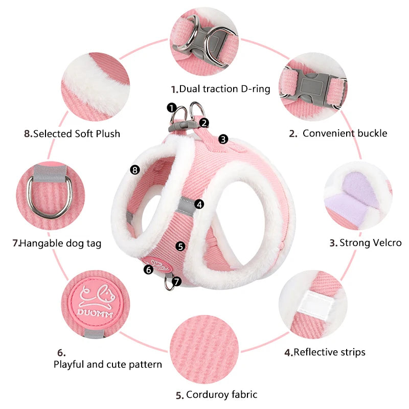 Autumn and Winter Warm Chihuahua Dog Harness with Fur, Pet Harness and Leash Set for Walking Dogs, Puppy Yorkies