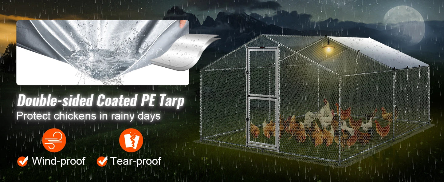 Large Metal Chicken Coop with Run, Walkin Poultry Cage for Yard with Waterproof Cover, 13.1 x 9.8 x 6.4 ft Dome Roof for Hen