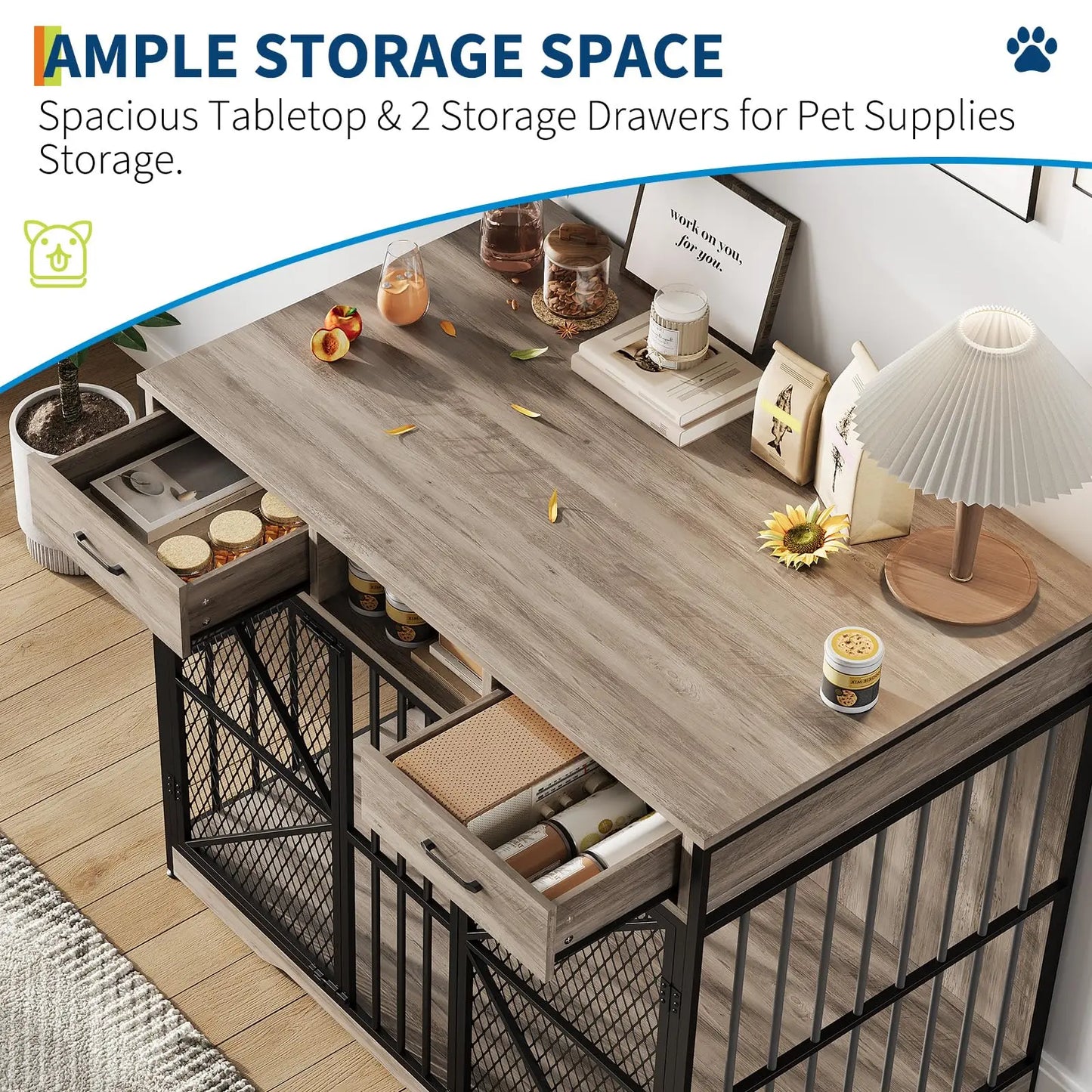 44" Large Dog Crate Furniture Heavy Duty Multi-Functional Pet Kennel Table With 2 Drawers Open Compartment Decorative Dog House