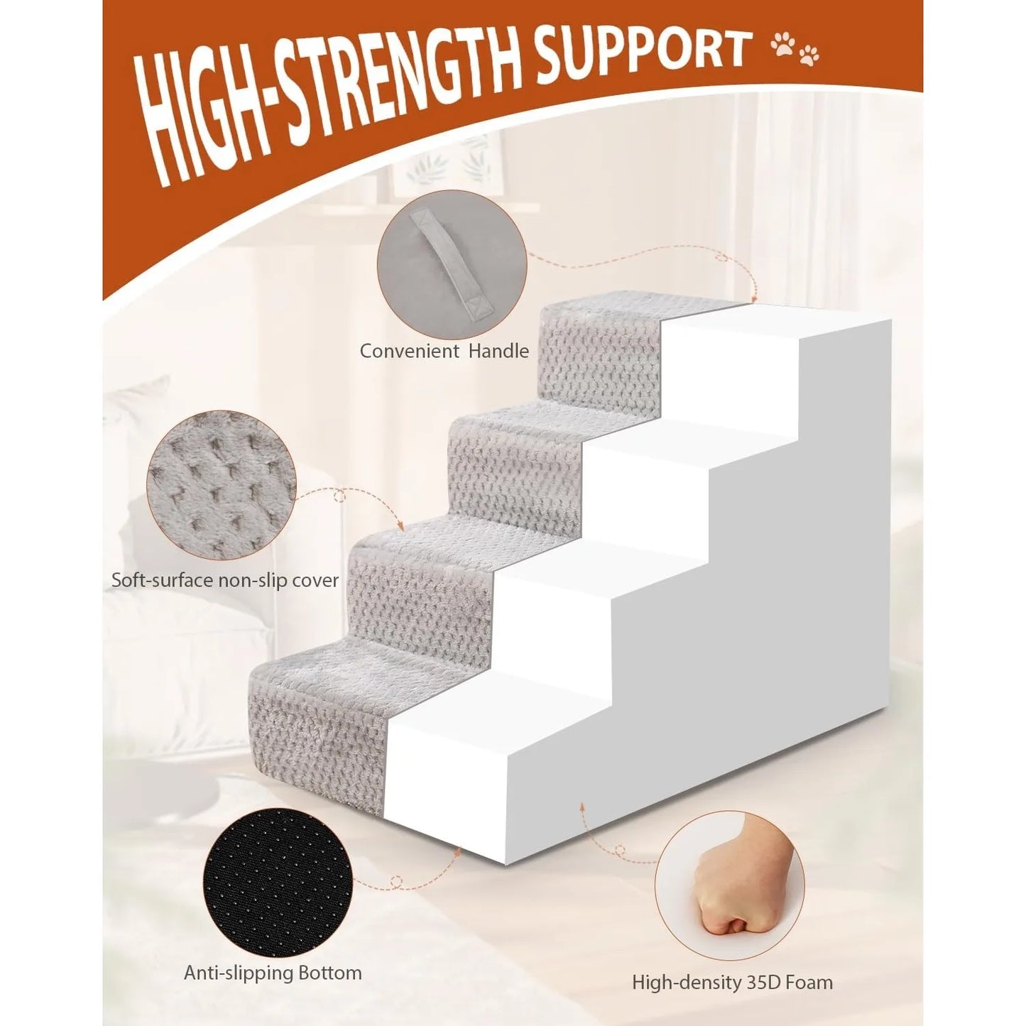 Dog specific dog ladder, 17.5 inches high, 4-step dog ladder, suitable for high bed sofas and light gray sofas