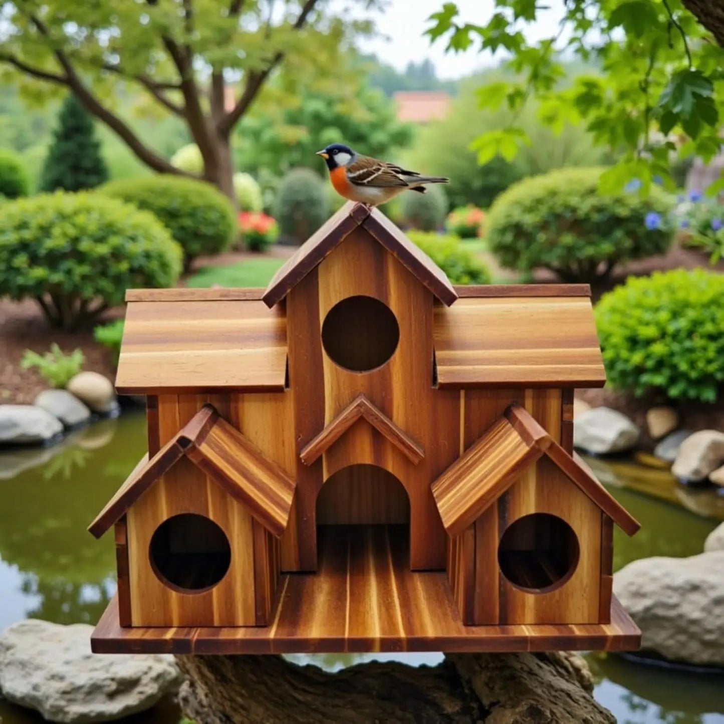 Outdoor bird house, handmade 6-hole, hanging bird house, used for gardening decoration and bird habitat