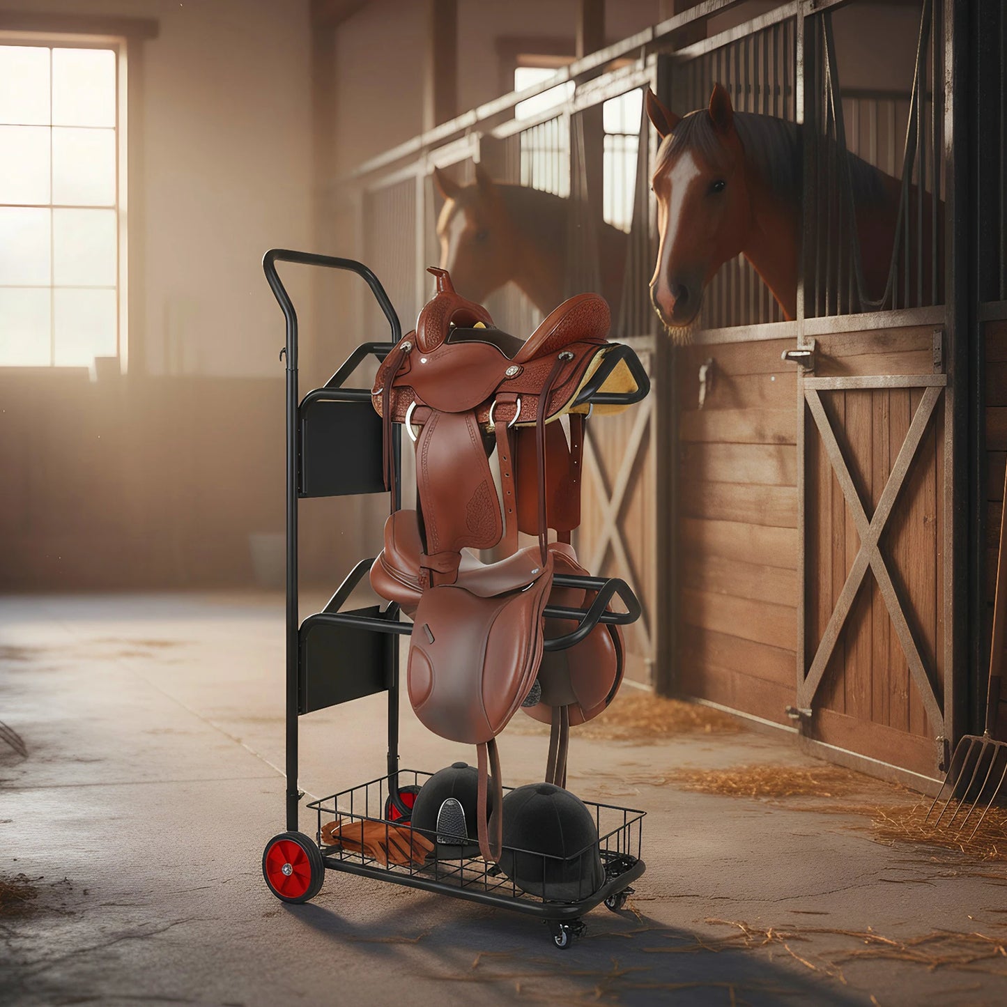 Rolling Horse Saddle Rack Cart with Wheel Saddle Pad Rack Stand for Storage Moving Organize Transport Supplies
