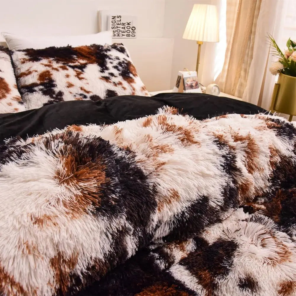 Cow Print Duvet Cover Shaggy Fluffy Tie Dye Brown Black Velvet Bedding Set Super Soft Faux Fur Fuzzy Comforter Cover with Pillow