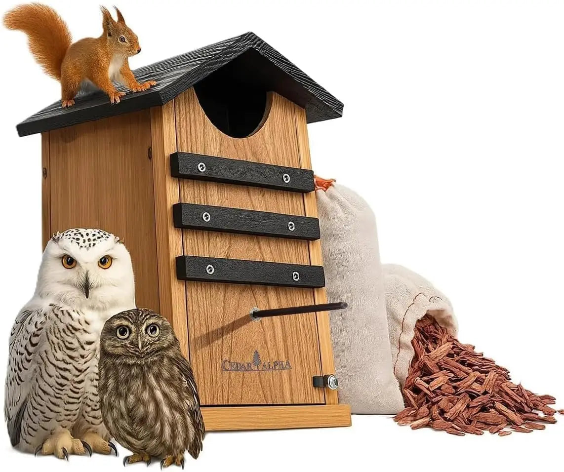 Cedar Wood Bird House for Squirrels, Owls, Ducks - Large Outdoor Nesting Box with Stainless Steel Perch, Easy Assembly