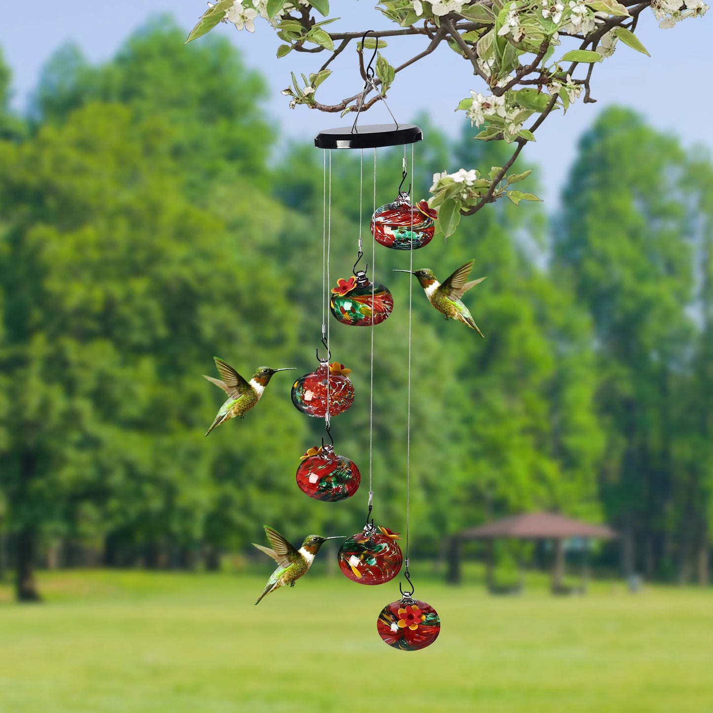Charming Glass Wind Chime Hummingbird Feeder, Outdoor Hanging Bird Feeder