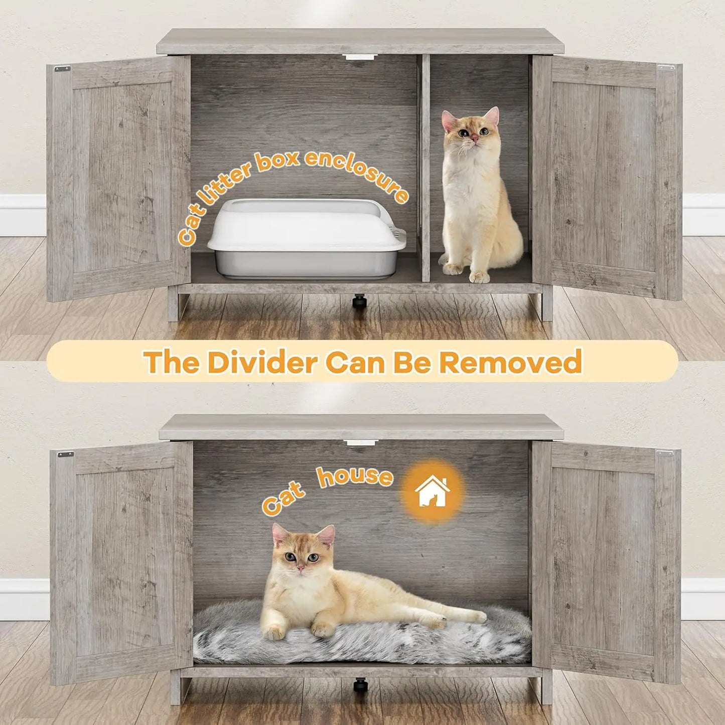Hidden Cat Litter Box Enclosure with Removable Divider, Grey Furniture for Indoor Cats