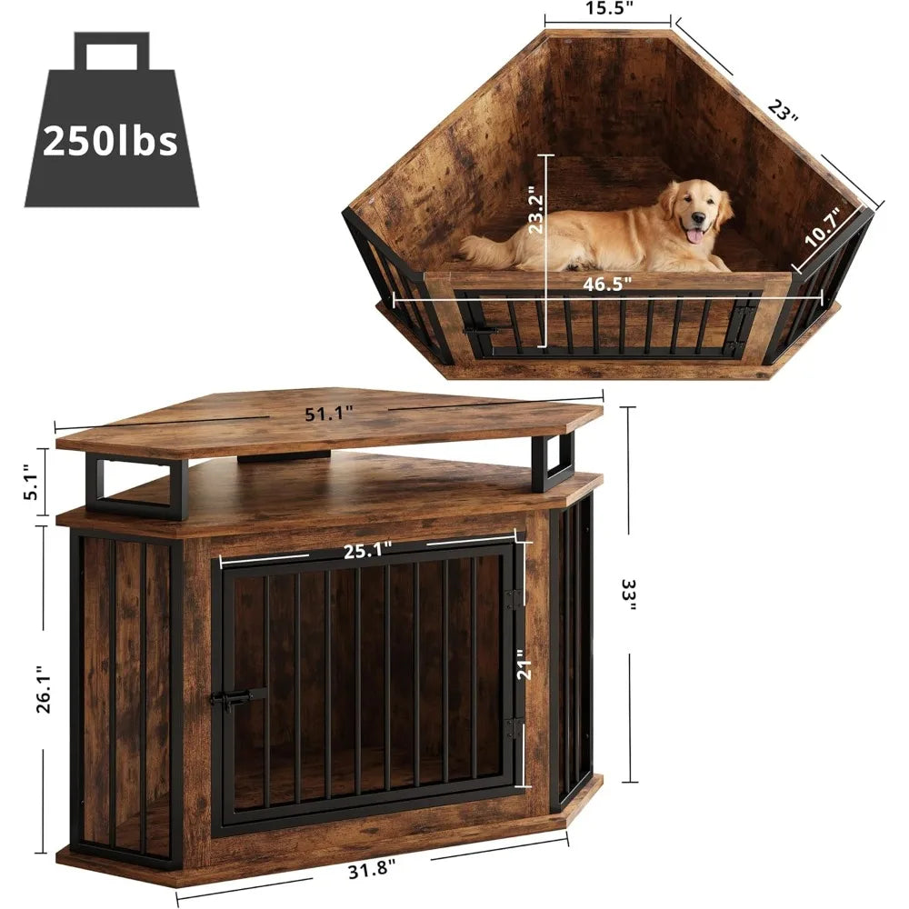 51 Corner Wooden Dog Crate Furniture with 2-Tier Shelves, Pet Kennel for Large Dogs, Space-Saving Dog Cage for TV Stand
