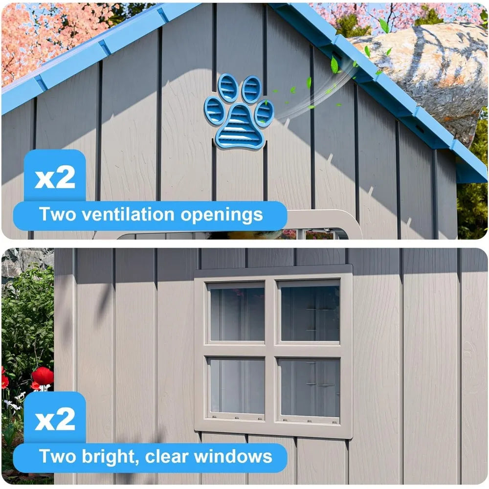 Indoor Outdoor Dog House Kennel, Peaked Deck Design, Waterproof and Warm Shelter for Dogs, Grey Blue Color